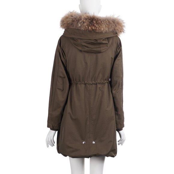 URBAN RESEARCH Rosso Women Jacket M/L Green Hooded Raccoon Fur Trim Anorak Parka - Picture 3 of 14